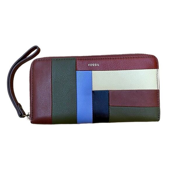 New Fossil Patchwork Zip Around Wallet Clutch Leather RFID Blocker Slots Purse - Picture 1 of 9